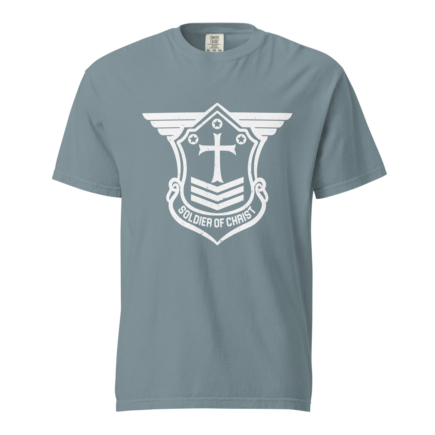 Unisex Heavyweight T-Shirt with White Soldier of Christ Emblem Front