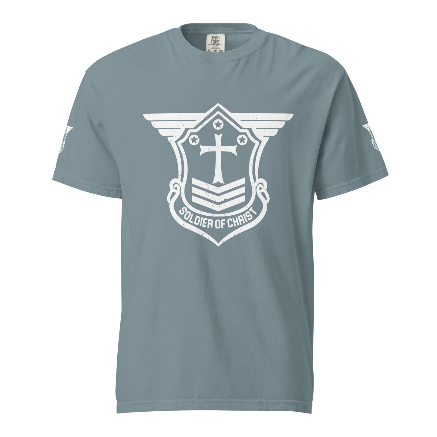 Unisex Heavyweight T-Shirt with White Soldier of Christ Emblem Front and Sleeves