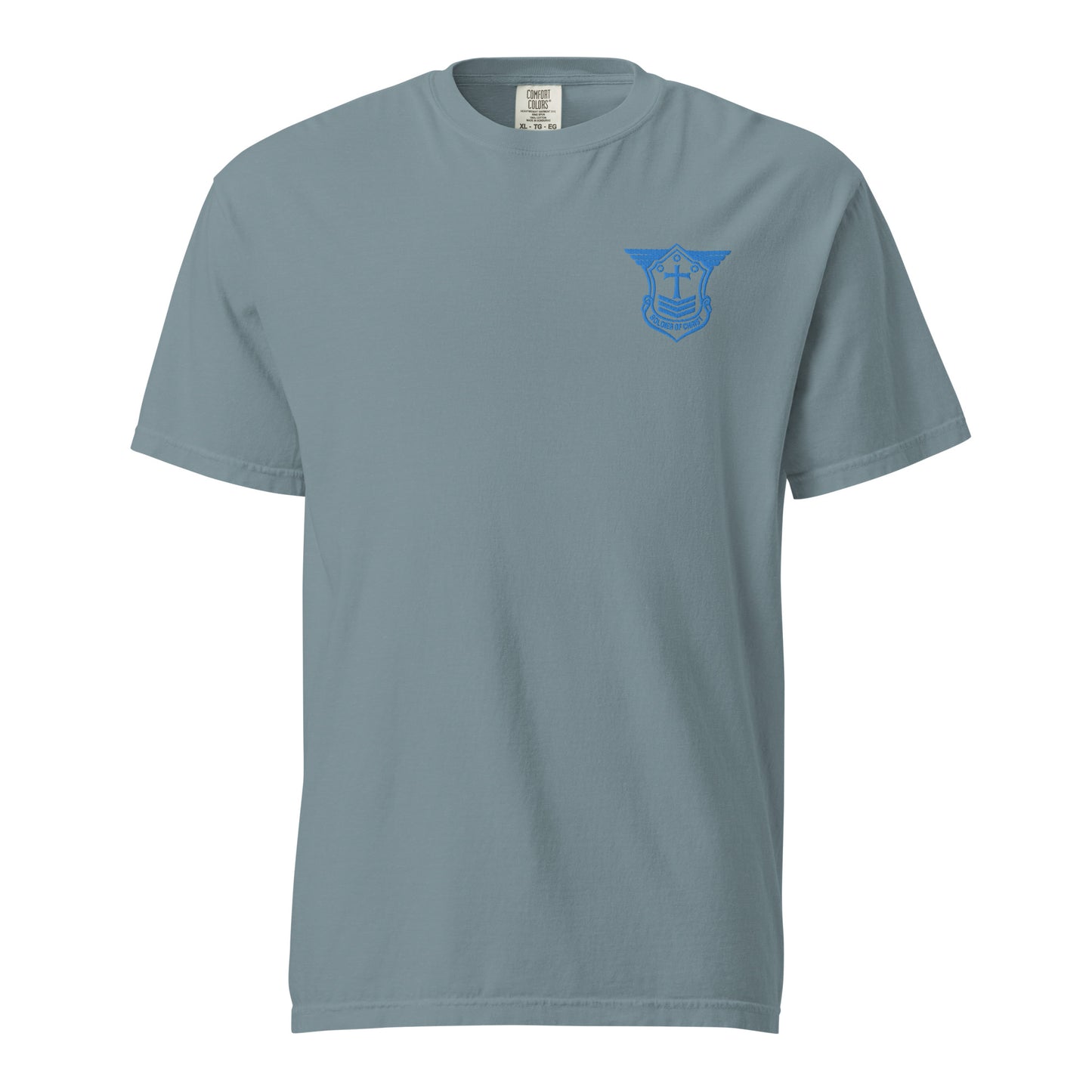 Unisex Heavyweight T-Shirt with Aqua Teal Embroidered Soldier of Christ Emblem