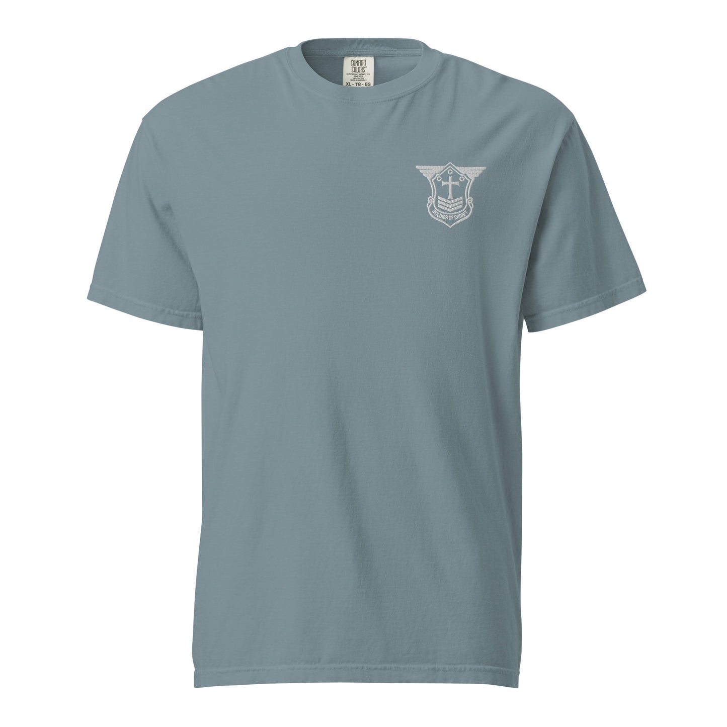 Unisex Heavyweight T-Shirt with White Embroidered Soldier of Christ Emblem