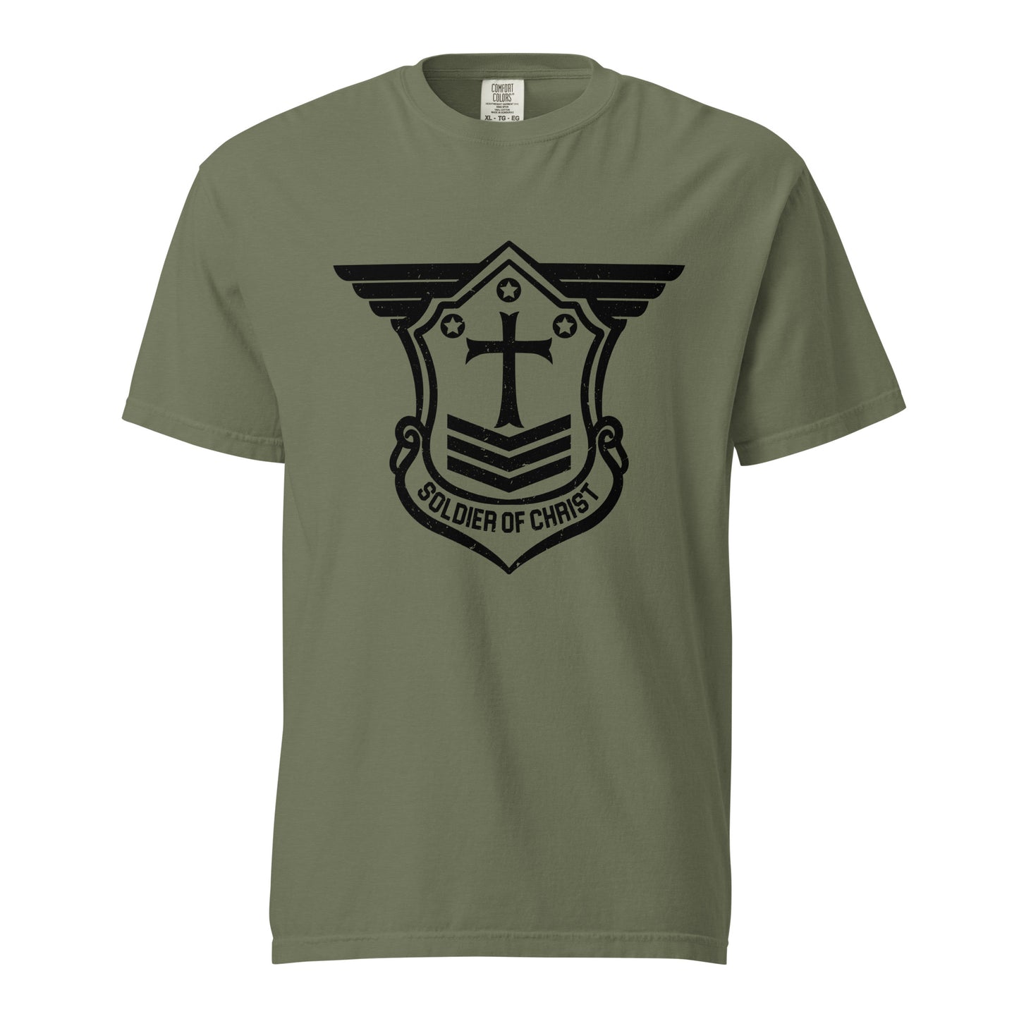 Unisex Heavyweight T-Shirt with Black Soldier of Christ Emblem Front