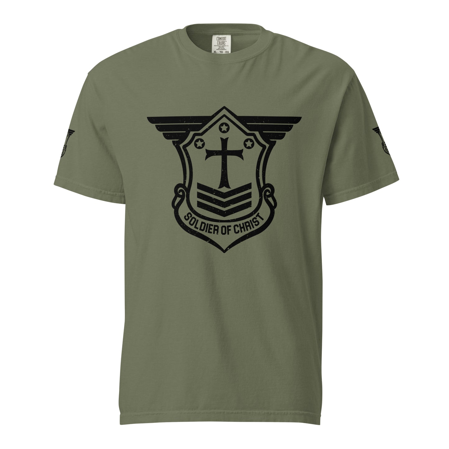 Unisex Heavyweight T-Shirt with Black Soldier of Christ Emblem Front and Sleeves