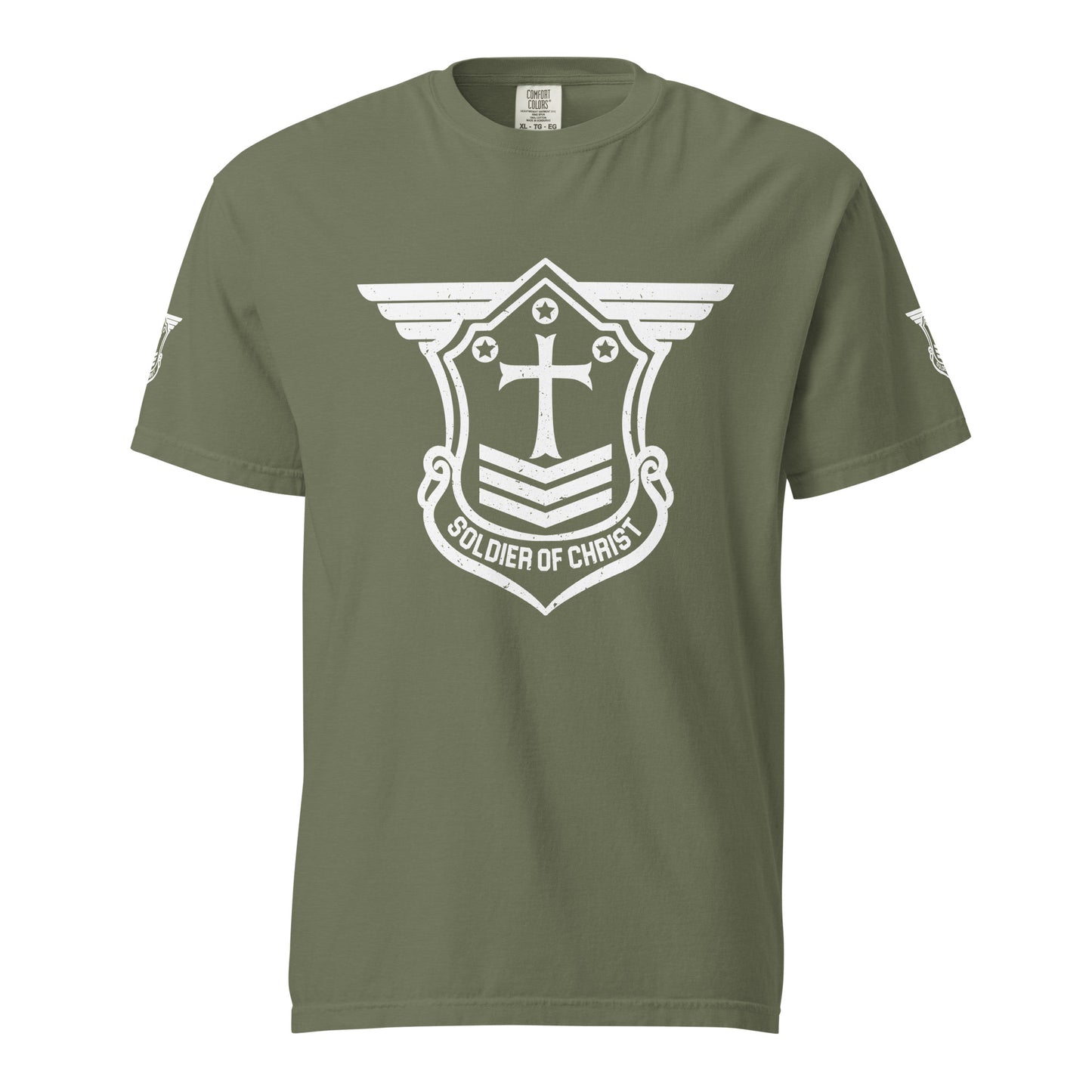 Unisex Heavyweight T-Shirt with White Soldier of Christ Emblem Front and Sleeves