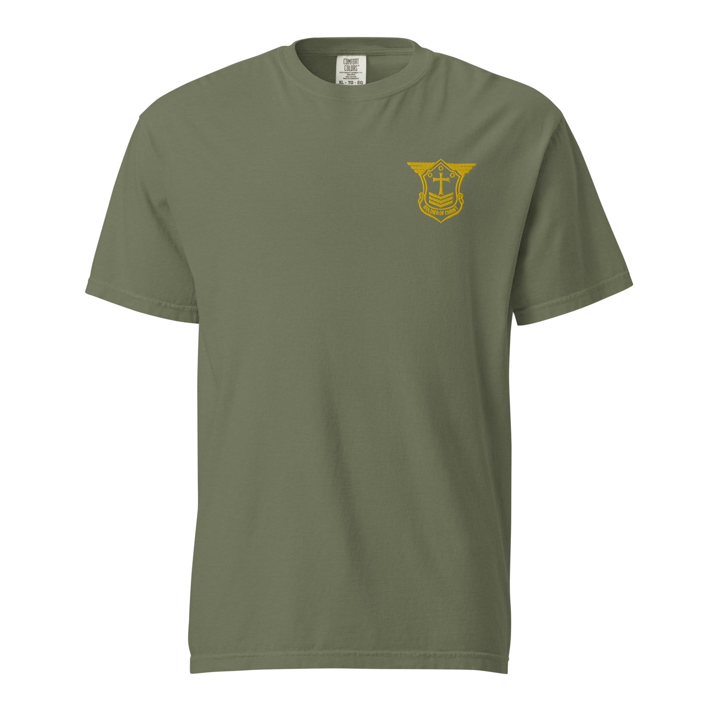 Unisex Heavyweight T-Shirt with Gold Embroidered Soldier of Christ Emblem