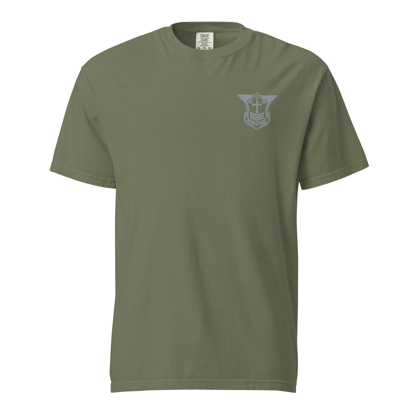 Unisex Heavyweight T-Shirt with Grey Embroidered Soldier of Christ Emblem