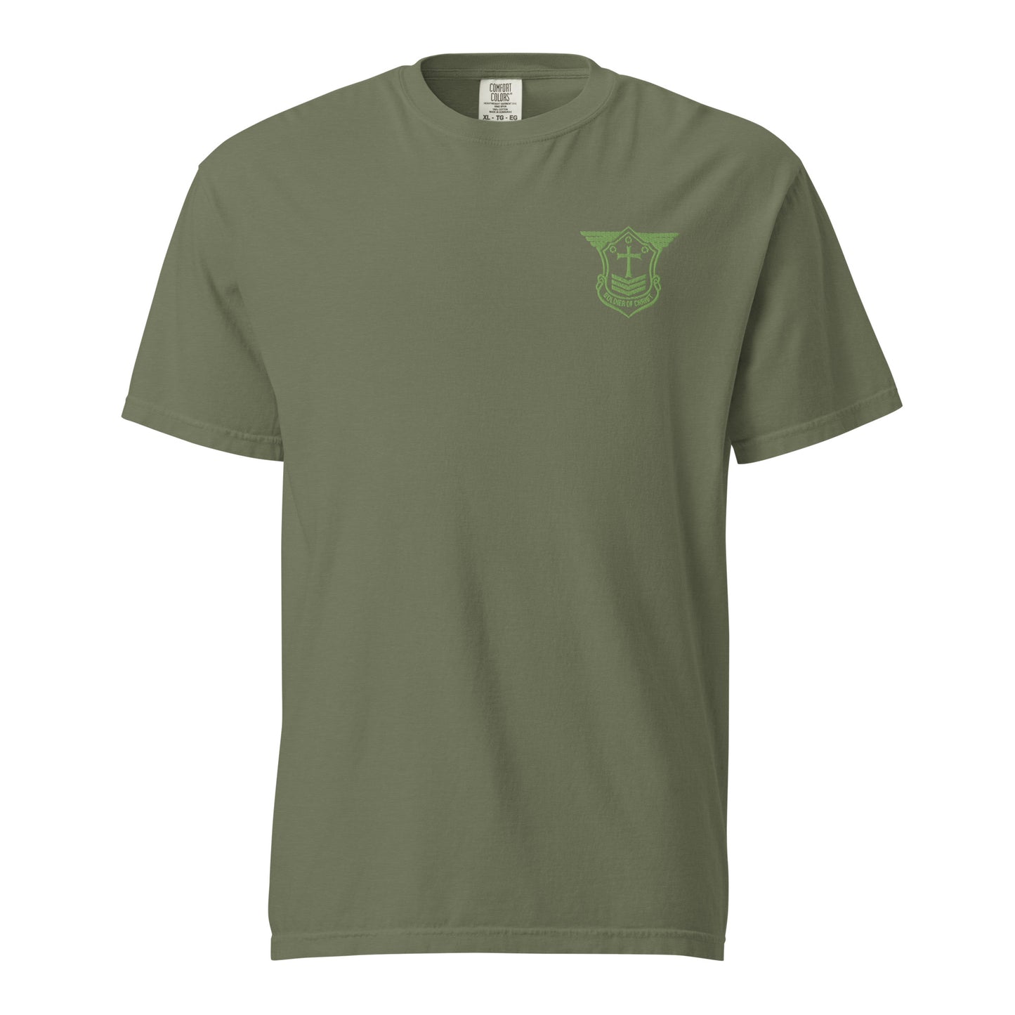 Unisex Heavyweight T-Shirt with Kiwi Green Embroidered Soldier of Christ Emblem