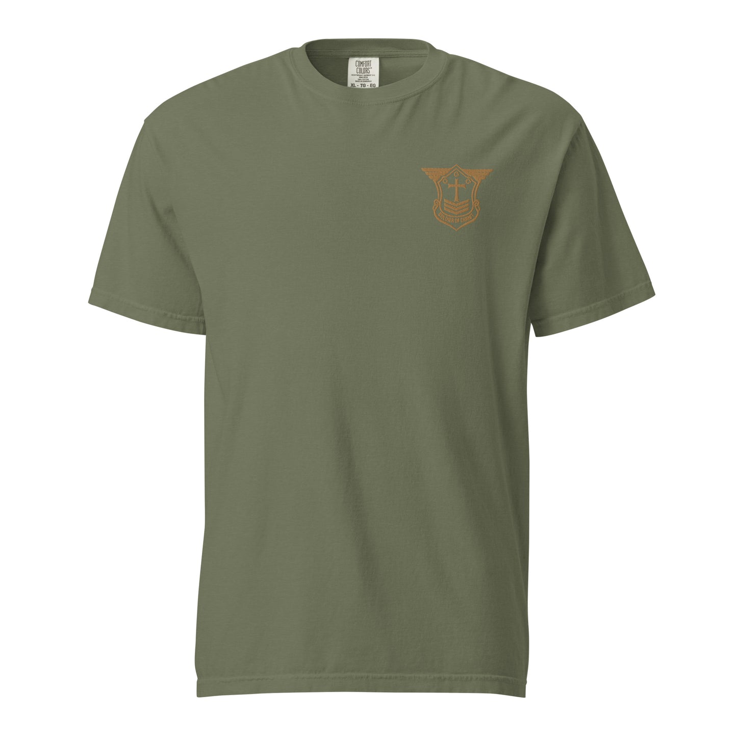 Unisex Heavyweight T-Shirt with Old Gold Embroidered Soldier of Christ Emblem