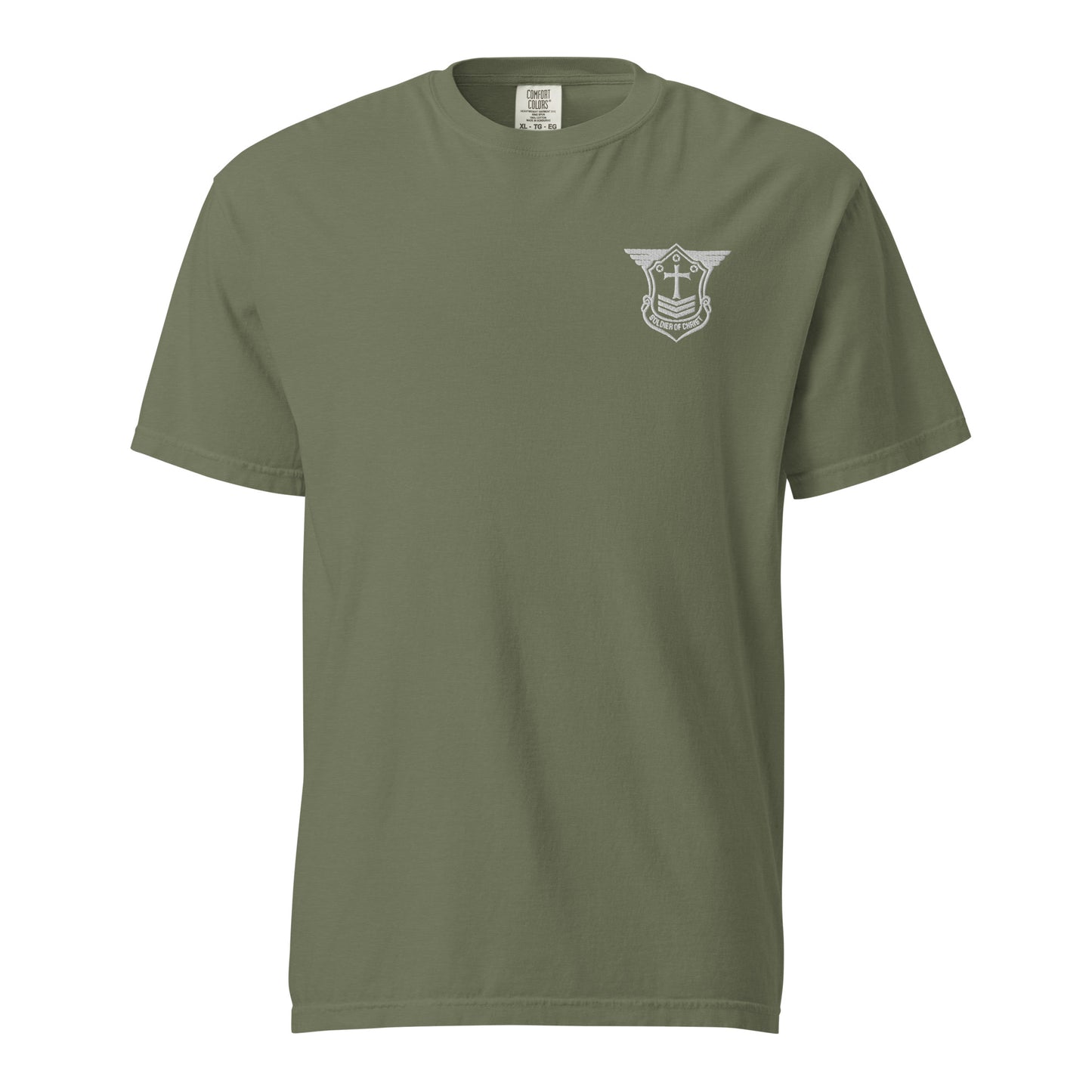 Unisex Heavyweight T-Shirt with White Embroidered Soldier of Christ Emblem