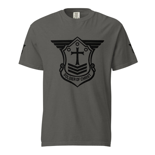 Unisex Heavyweight T-Shirt with Black Soldier of Christ Emblem Front and Sleeves