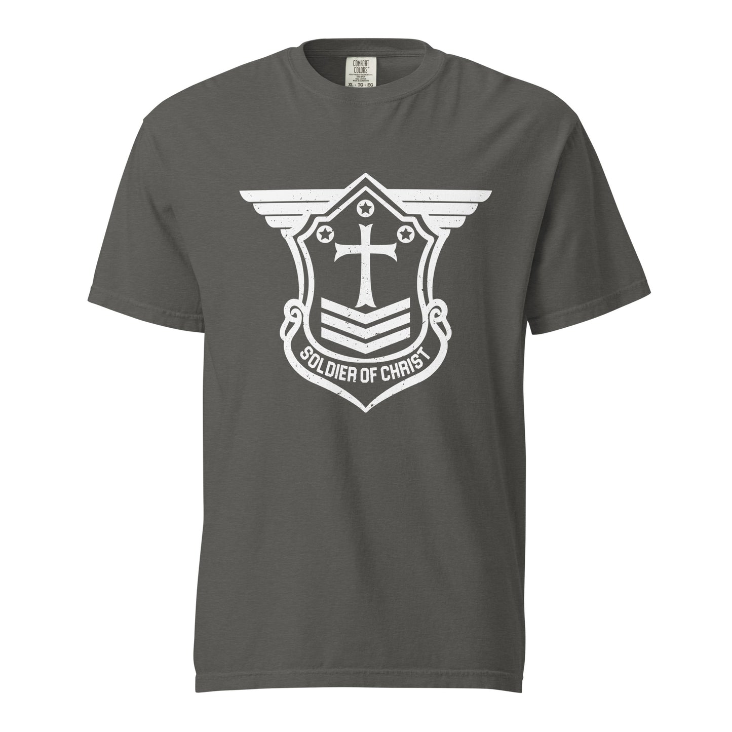 Unisex Heavyweight T-Shirt with White Soldier of Christ Emblem Front