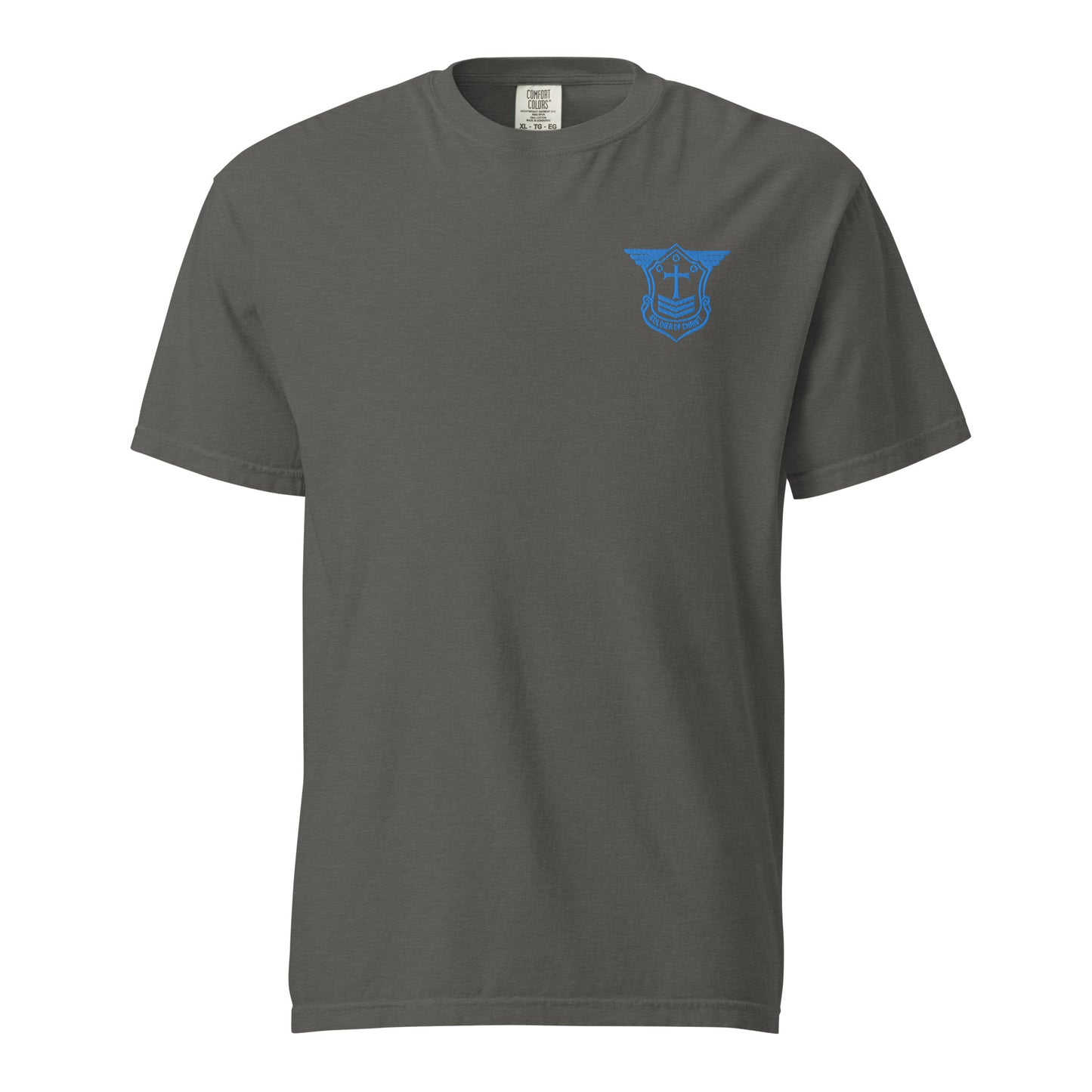 Unisex Heavyweight T-Shirt with Aqua Teal Embroidered Soldier of Christ Emblem