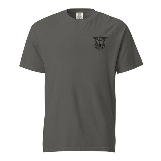 Unisex Heavyweight T-Shirt with Black Embroidered Soldier of Christ Emblem