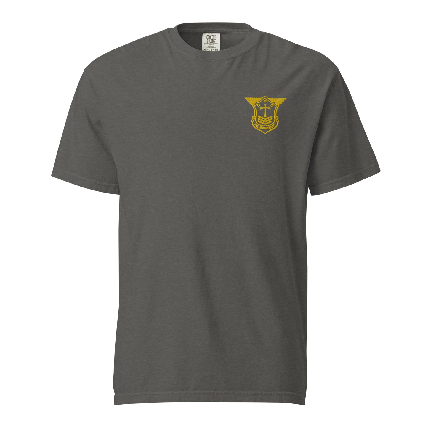 Unisex Heavyweight T-Shirt with Gold Embroidered Soldier of Christ Emblem