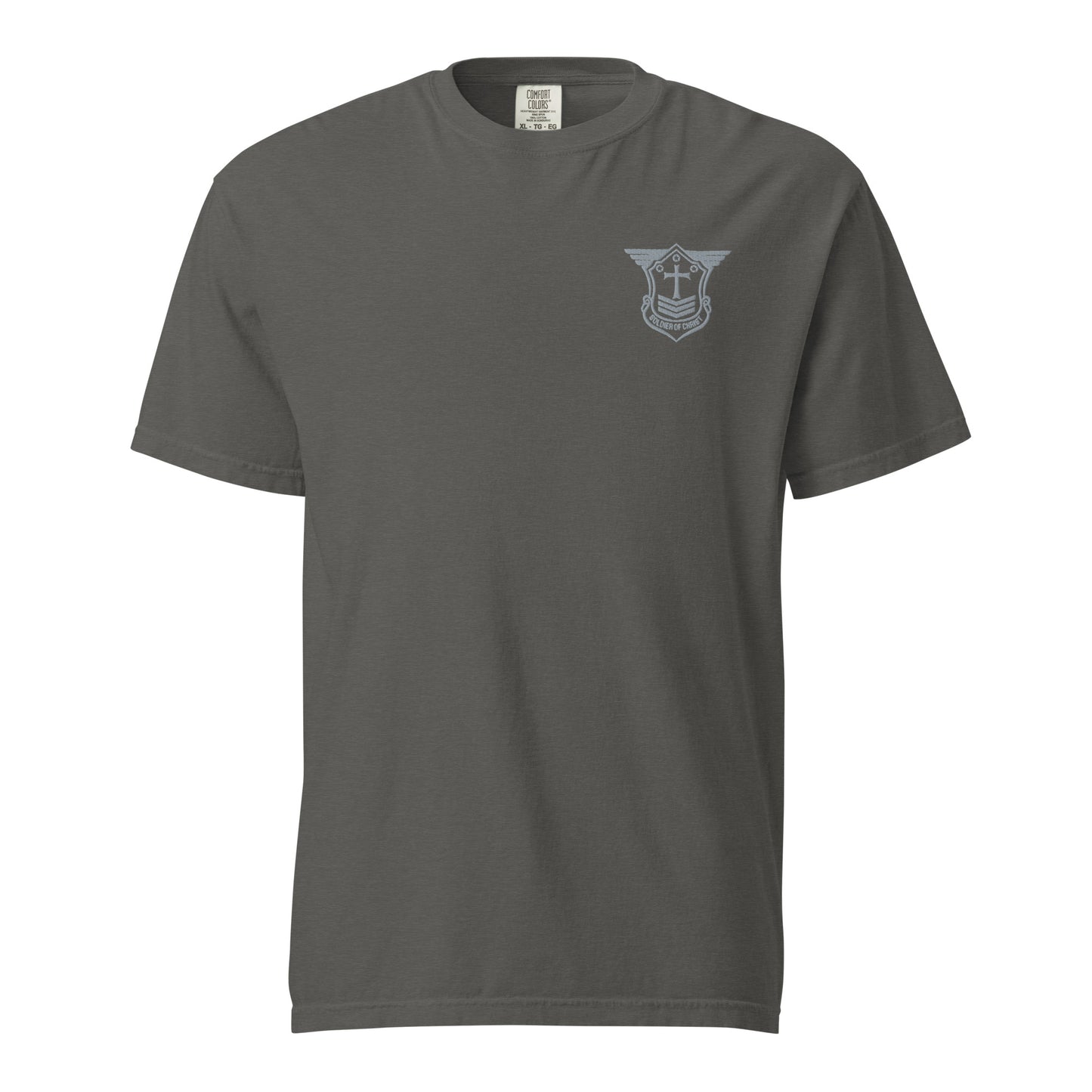 Unisex Heavyweight T-Shirt with Grey Embroidered Soldier of Christ Emblem