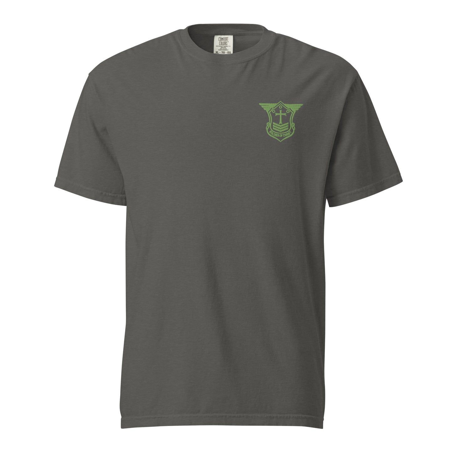 Unisex Heavyweight T-Shirt with Kiwi Green Embroidered Soldier of Christ Emblem