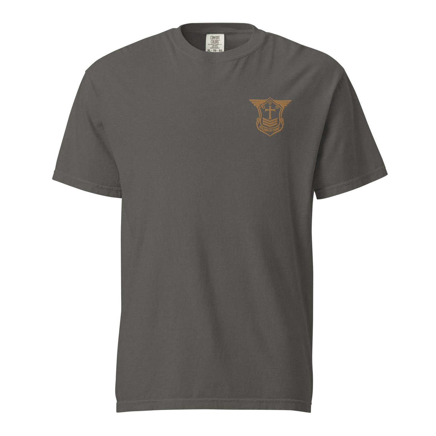 Unisex Heavyweight T-Shirt with Old Gold Embroidered Soldier of Christ Emblem