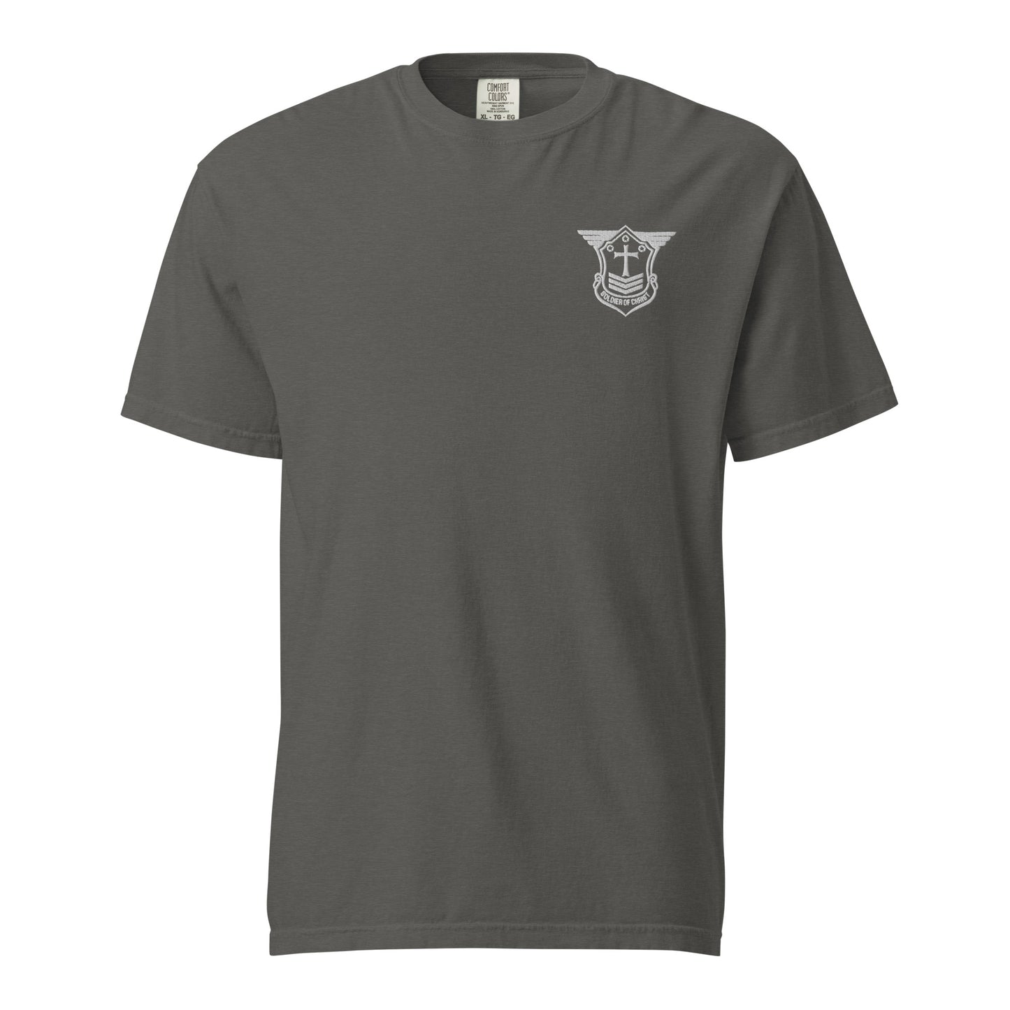 Unisex Heavyweight T-Shirt with White Embroidered Soldier of Christ Emblem