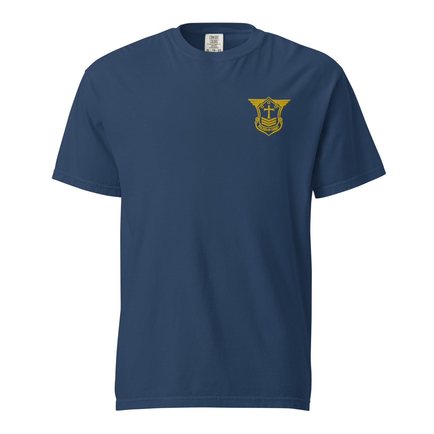 Unisex Heavyweight T-Shirt with Gold Embroidered Soldier of Christ Emblem