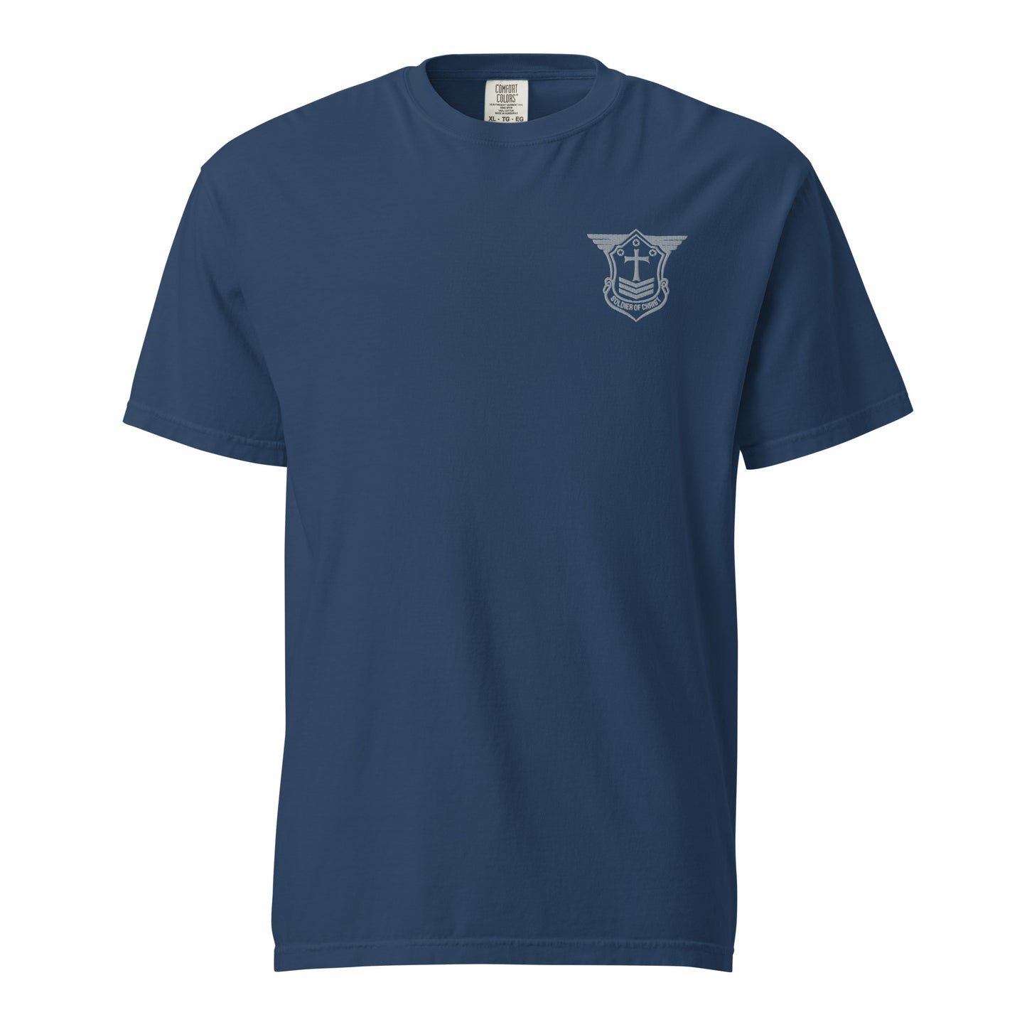 Unisex Heavyweight T-Shirt with Grey Embroidered Soldier of Christ Emblem