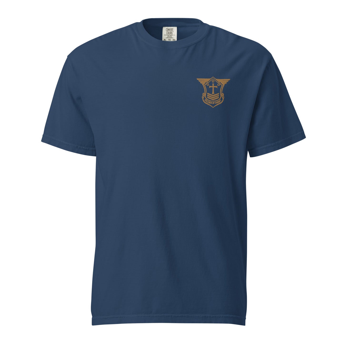 Unisex Heavyweight T-Shirt with Old Gold Embroidered Soldier of Christ Emblem