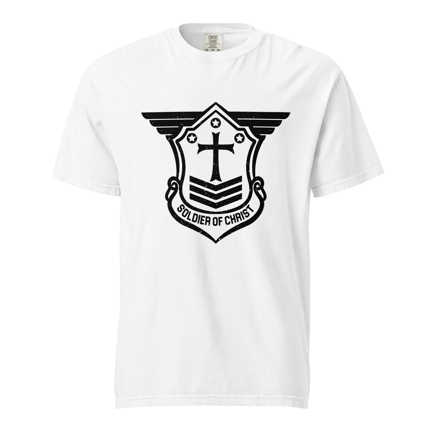 Unisex Heavyweight T-Shirt with Black Soldier of Christ Emblem Front