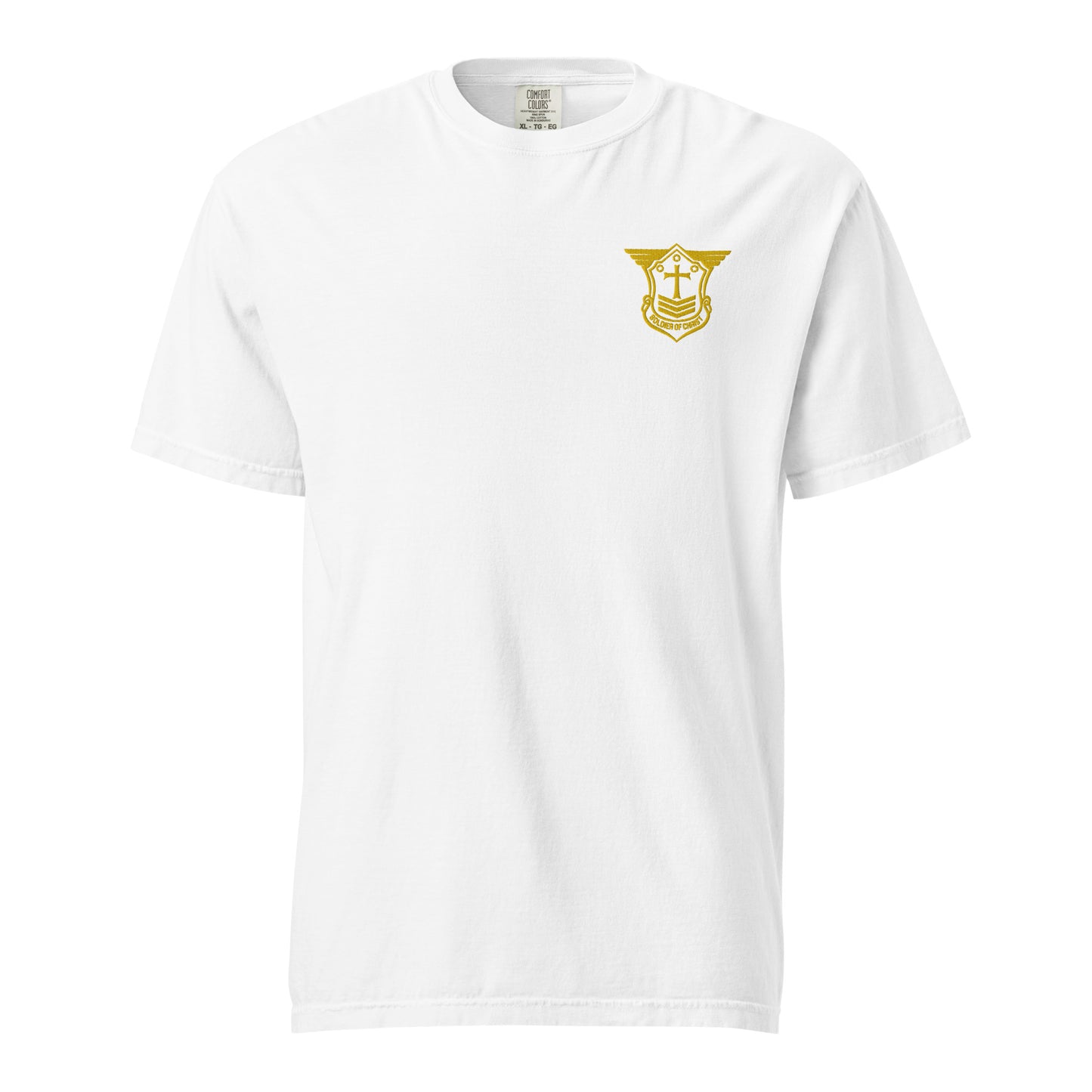 Unisex Heavyweight T-Shirt with Gold Embroidered Soldier of Christ Emblem