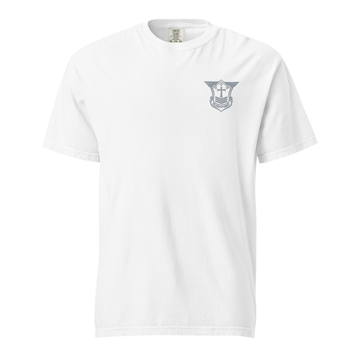 Unisex Heavyweight T-Shirt with Grey Embroidered Soldier of Christ Emblem