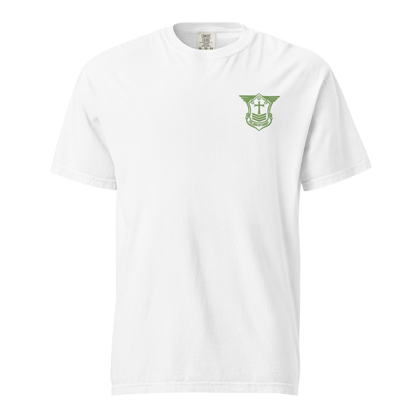 Unisex Heavyweight T-Shirt with Kiwi Green Embroidered Soldier of Christ Emblem