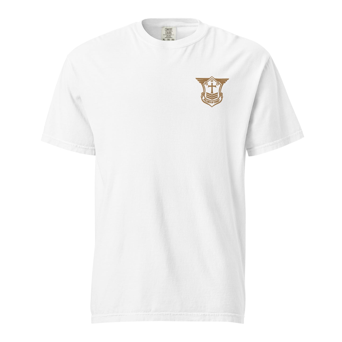 Unisex Heavyweight T-Shirt with Old Gold Embroidered Soldier of Christ Emblem