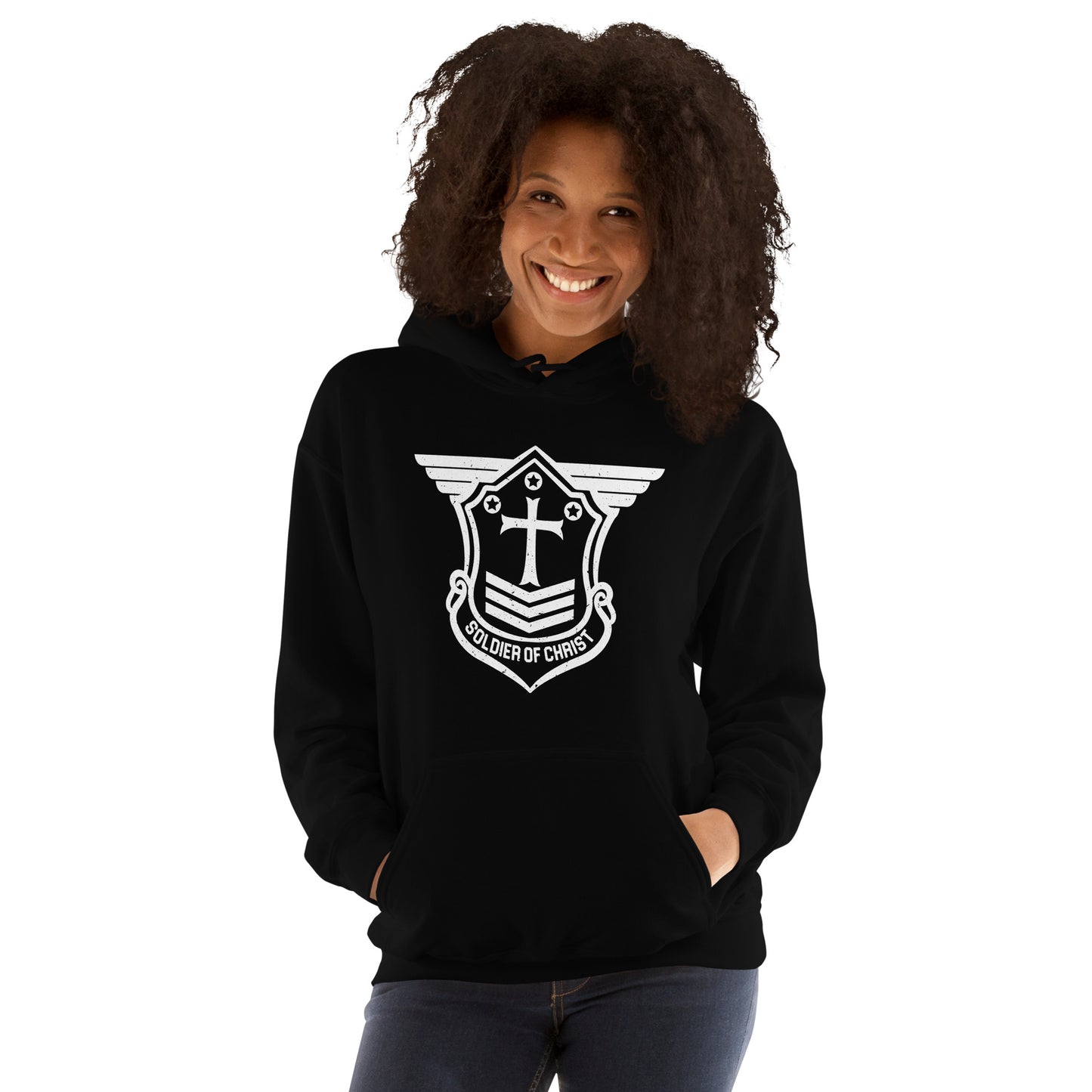 Unisex Hoodie with White Soldier of Christ Emblem Front