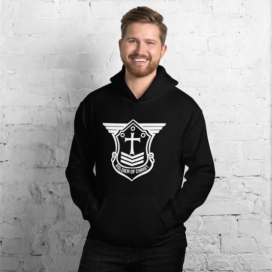 Unisex Hoodie with White Soldier of Christ Emblem Front