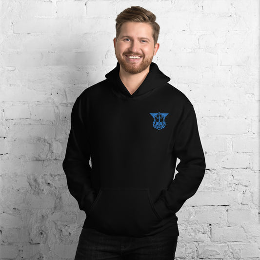 Unisex Hoodie with Aqua Teal Embroidered Soldier of Christ Emblem