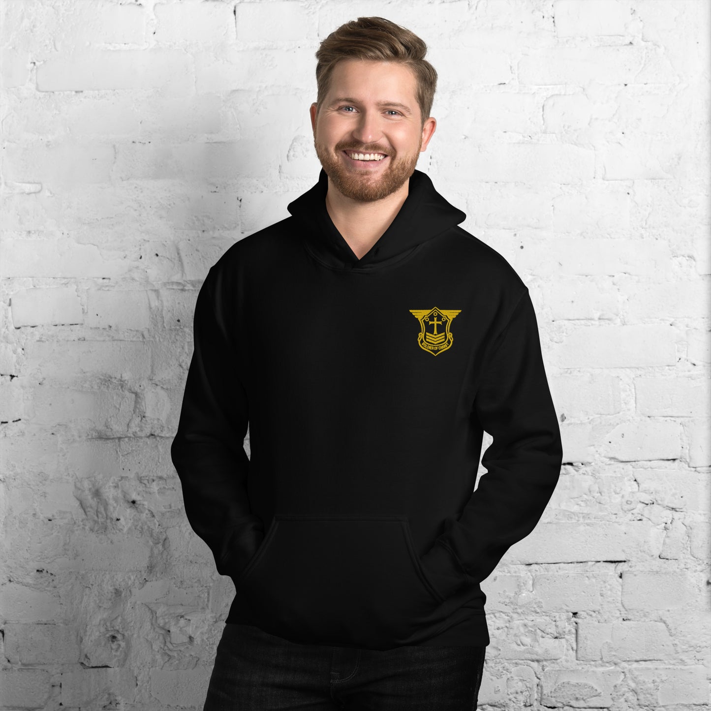 Unisex Hoodie with Gold Embroidered Soldier of Christ Emblem