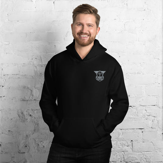 Unisex Hoodie with Grey Embroidered Soldier of Christ Emblem