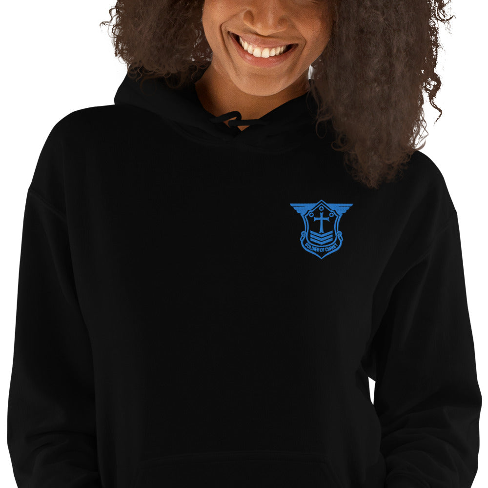 Unisex Hoodie with Aqua Teal Embroidered Soldier of Christ Emblem