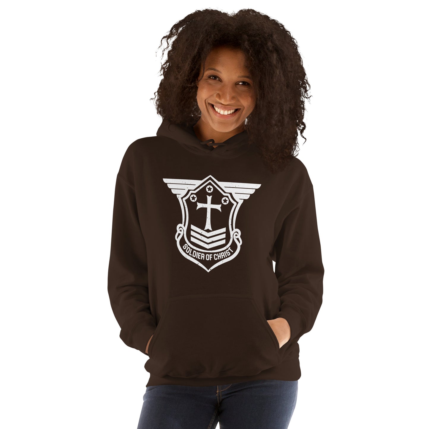 Unisex Hoodie with White Soldier of Christ Emblem Front