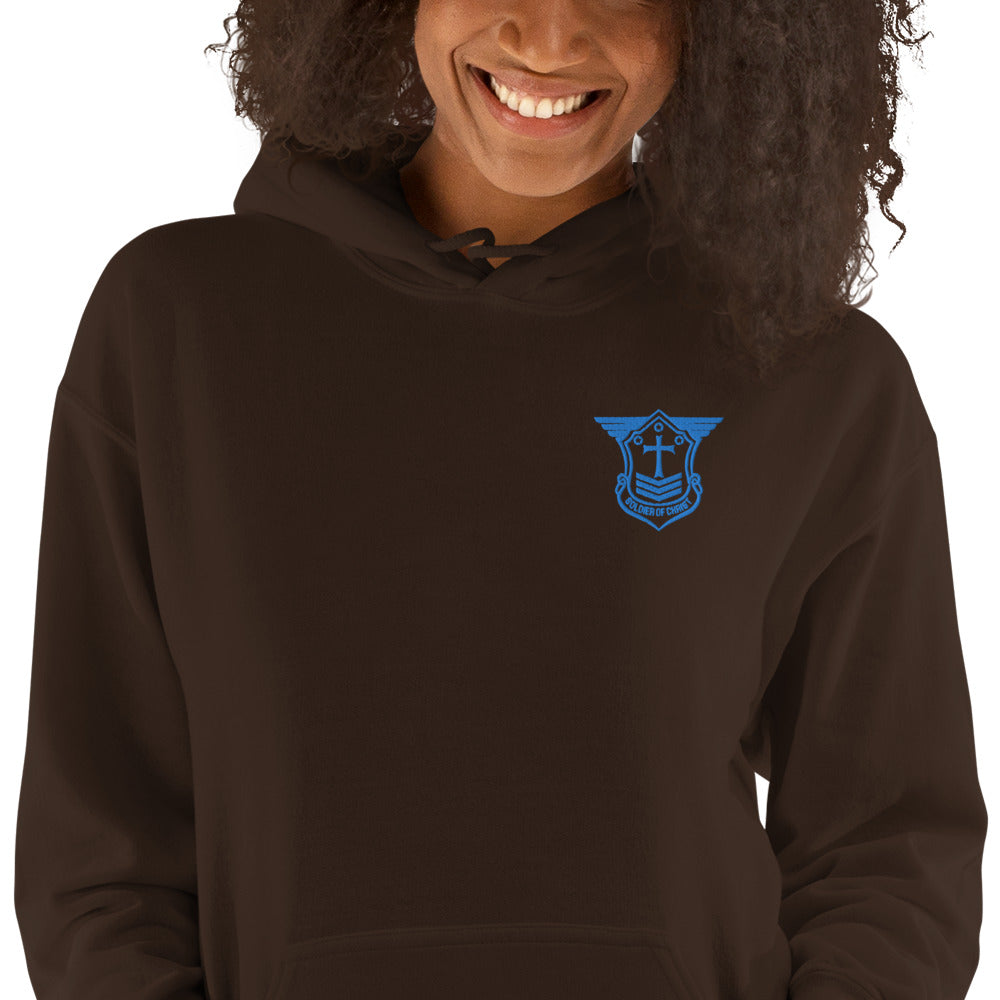 Unisex Hoodie with Aqua Teal Embroidered Soldier of Christ Emblem