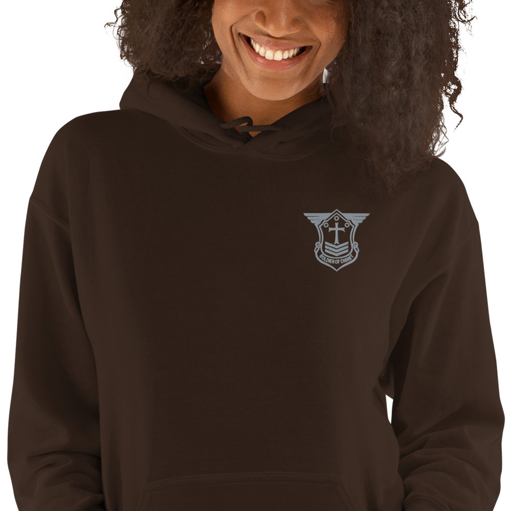 Unisex Hoodie with Grey Embroidered Soldier of Christ Emblem