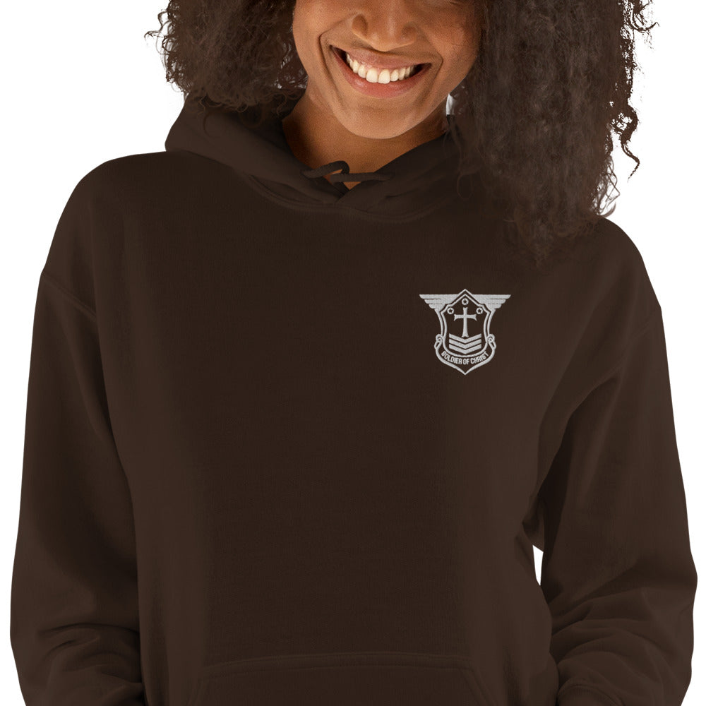 Unisex Hoodie with White Embroidered Soldier of Christ Emblem