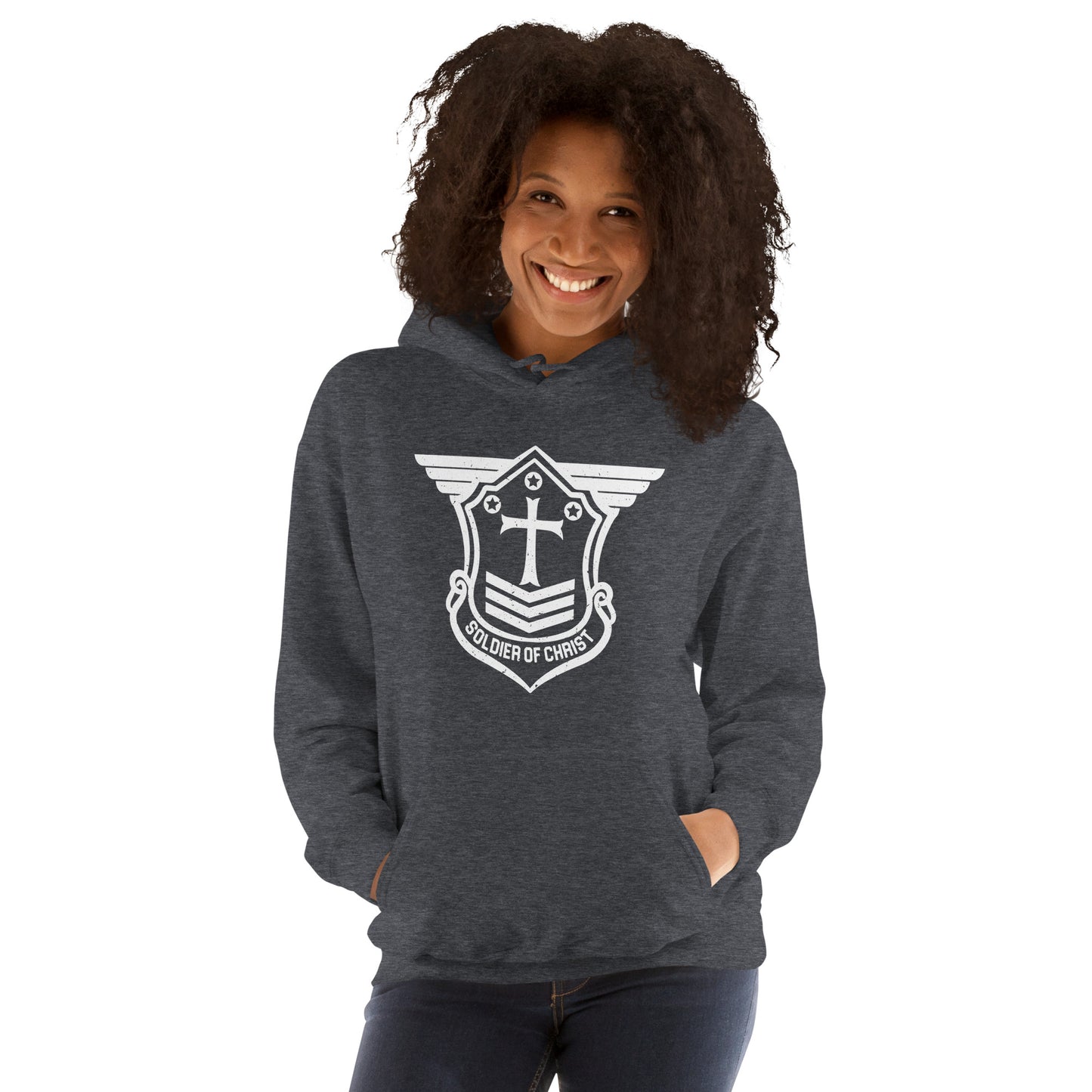 Unisex Hoodie with White Soldier of Christ Emblem Front