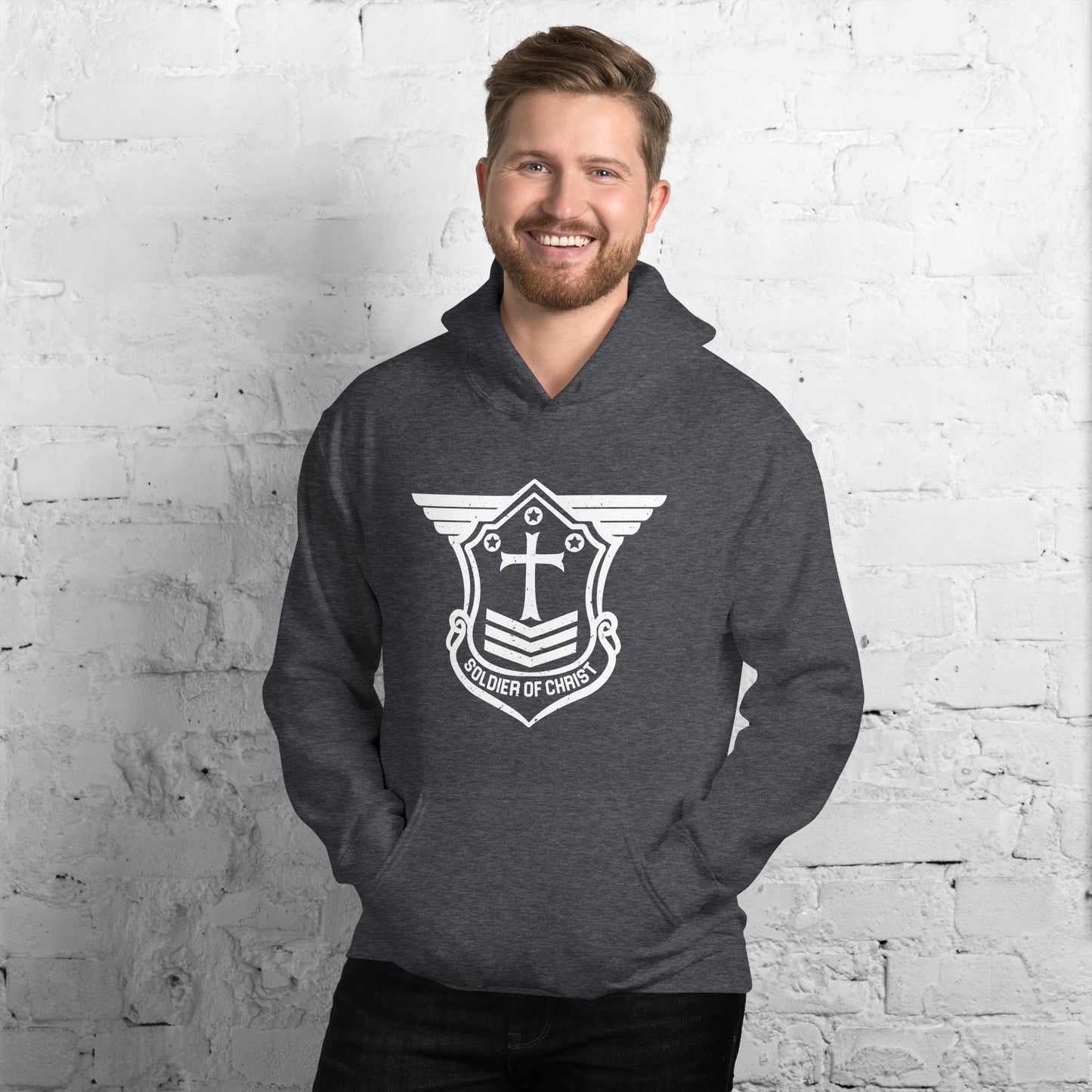 Unisex Hoodie with White Soldier of Christ Emblem Front