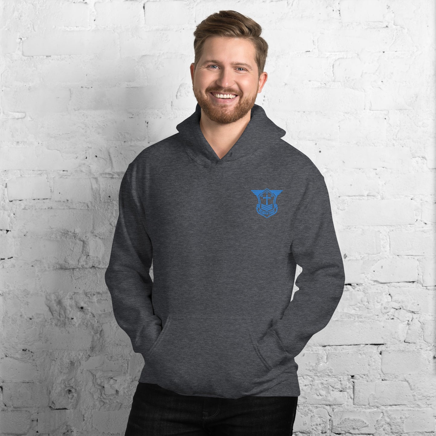 Unisex Hoodie with Aqua Teal Embroidered Soldier of Christ Emblem