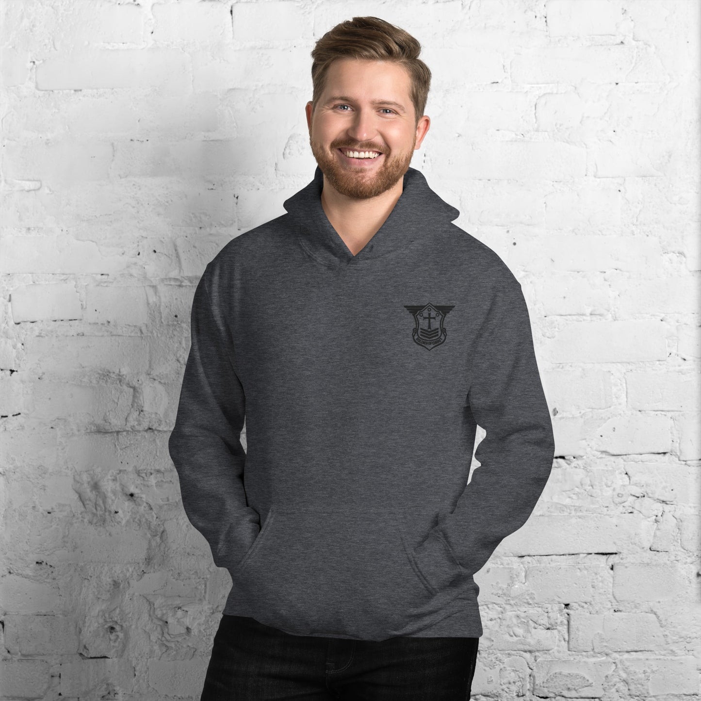 Unisex Hoodie with Black Embroidered Soldier of Christ Emblem