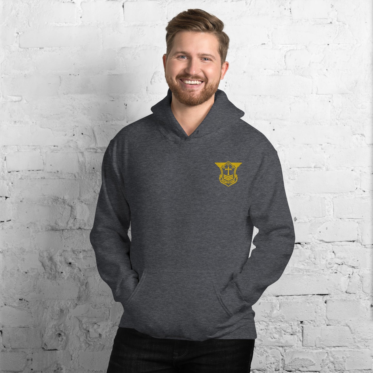 Unisex Hoodie with Gold Embroidered Soldier of Christ Emblem