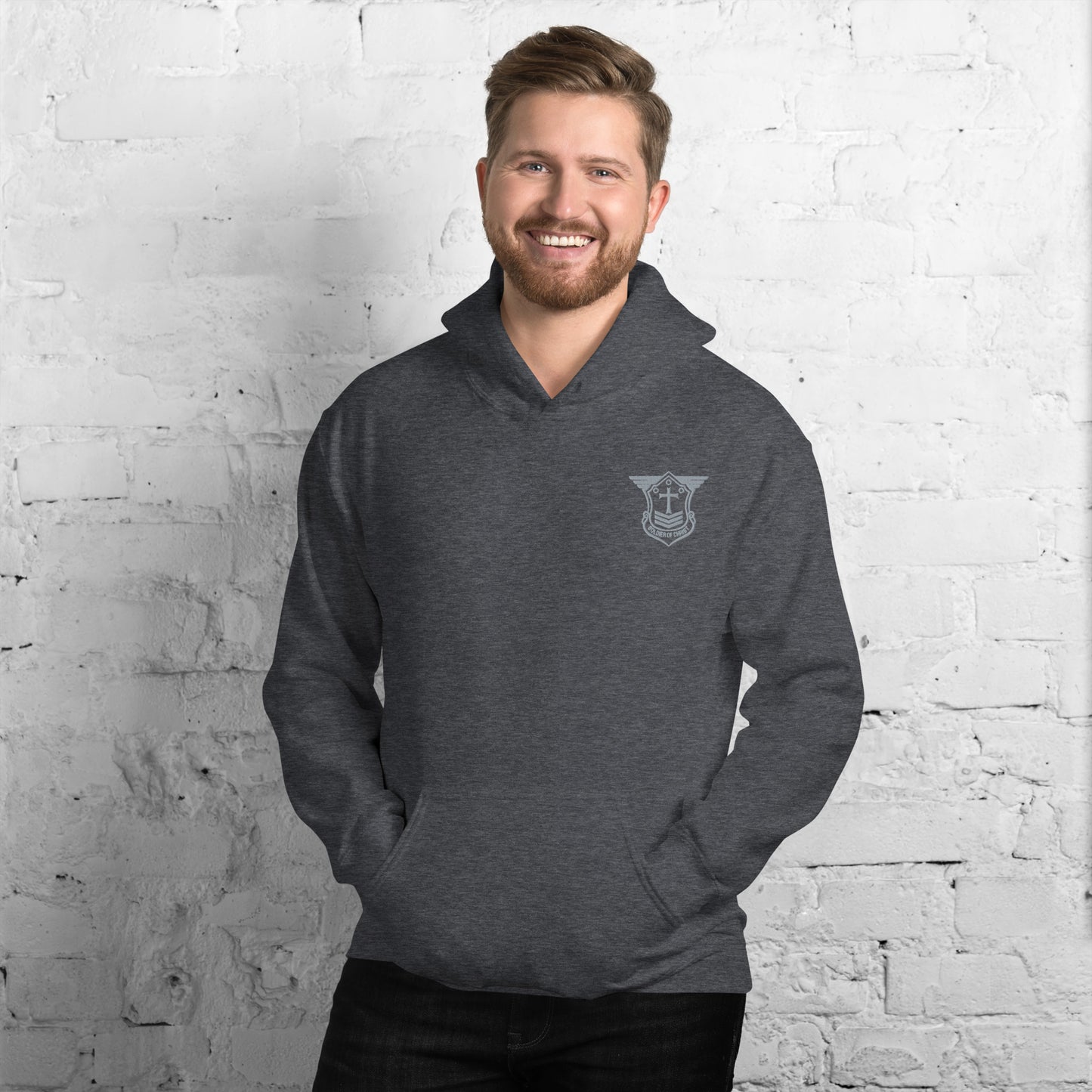 Unisex Hoodie with Grey Embroidered Soldier of Christ Emblem