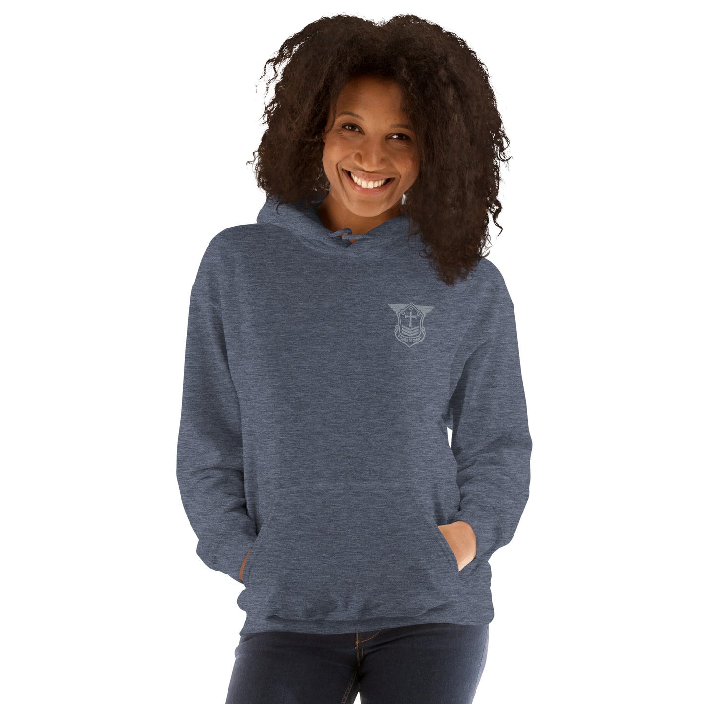 Unisex Hoodie with Grey Embroidered Soldier of Christ Emblem