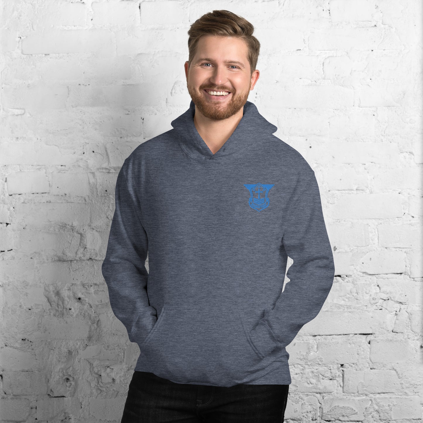 Unisex Hoodie with Aqua Teal Embroidered Soldier of Christ Emblem