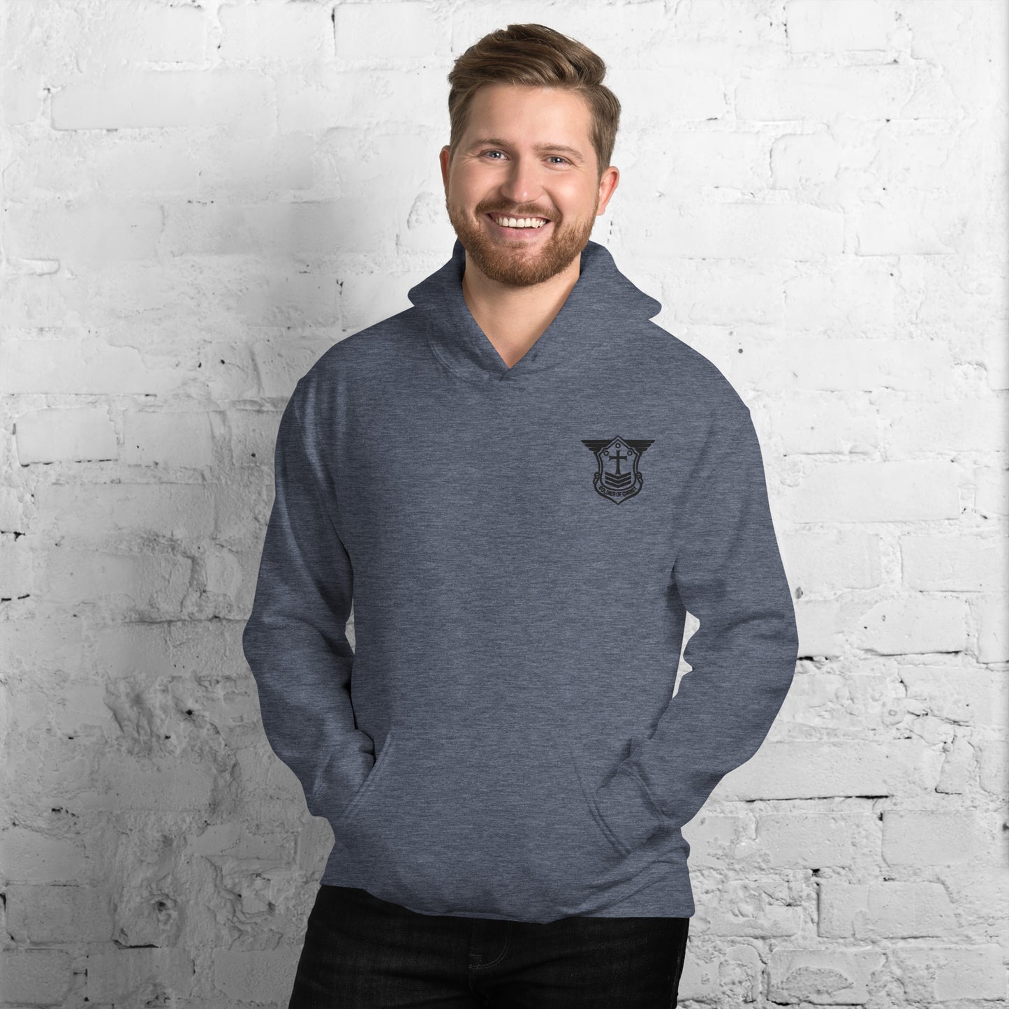 Unisex Hoodie with Black Embroidered Soldier of Christ Emblem