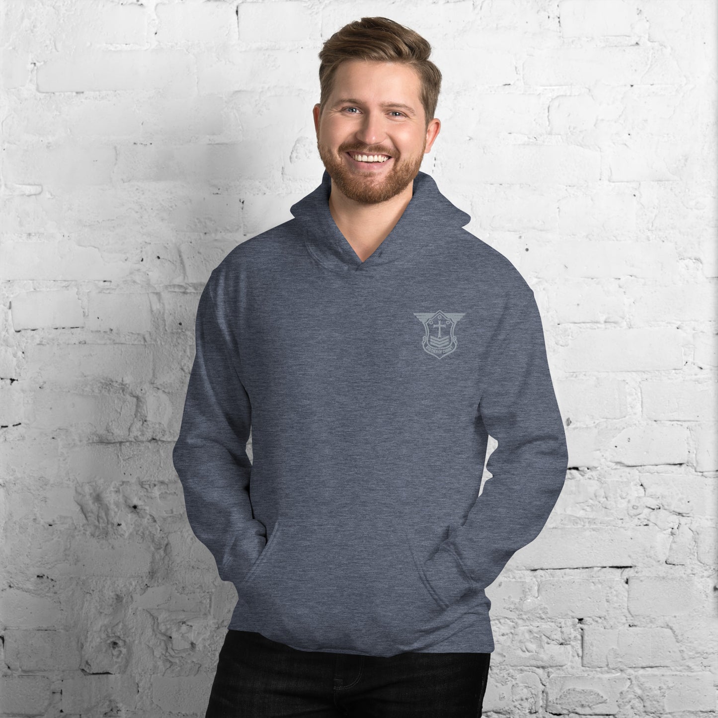 Unisex Hoodie with Grey Embroidered Soldier of Christ Emblem