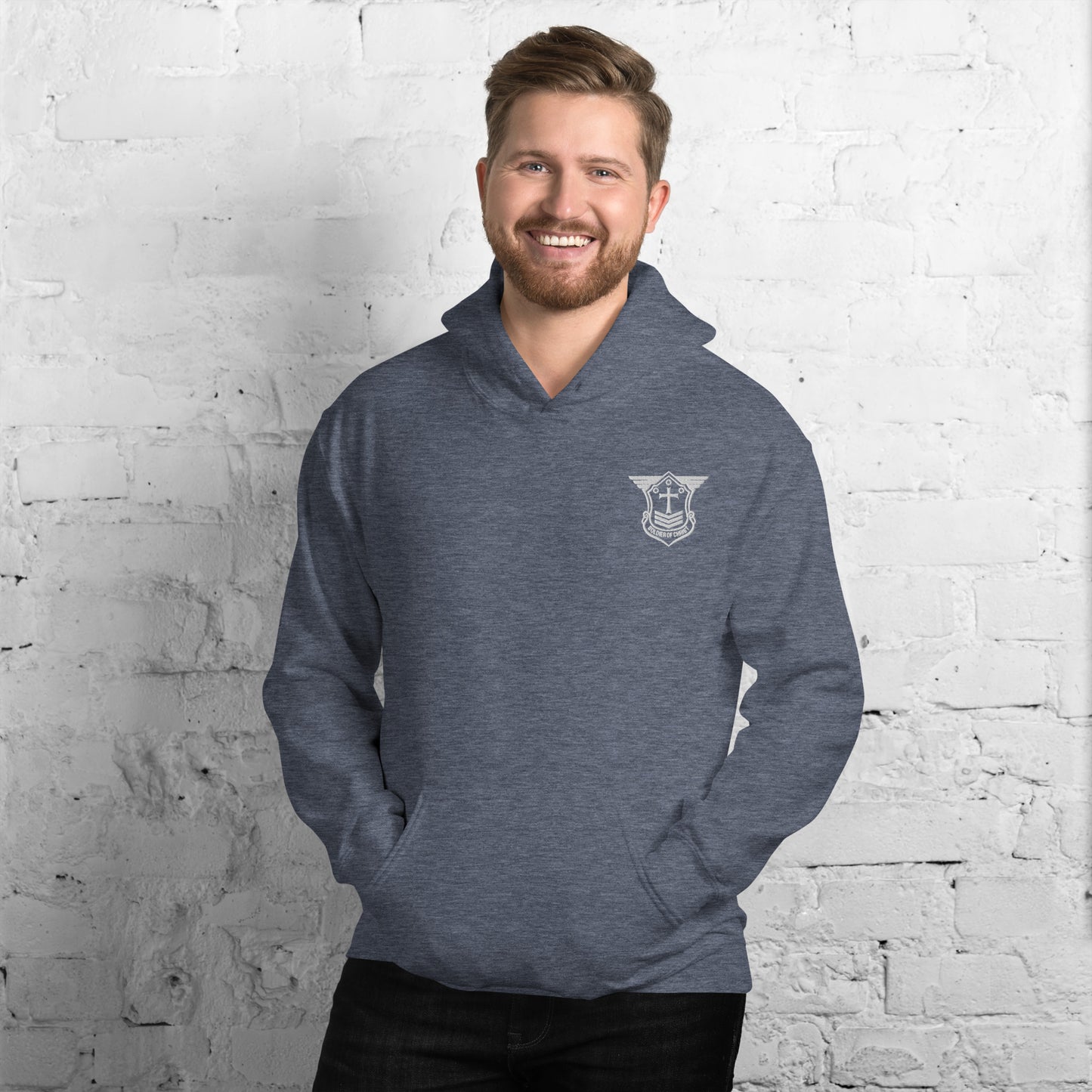 Unisex Hoodie with White Embroidered Soldier of Christ Emblem